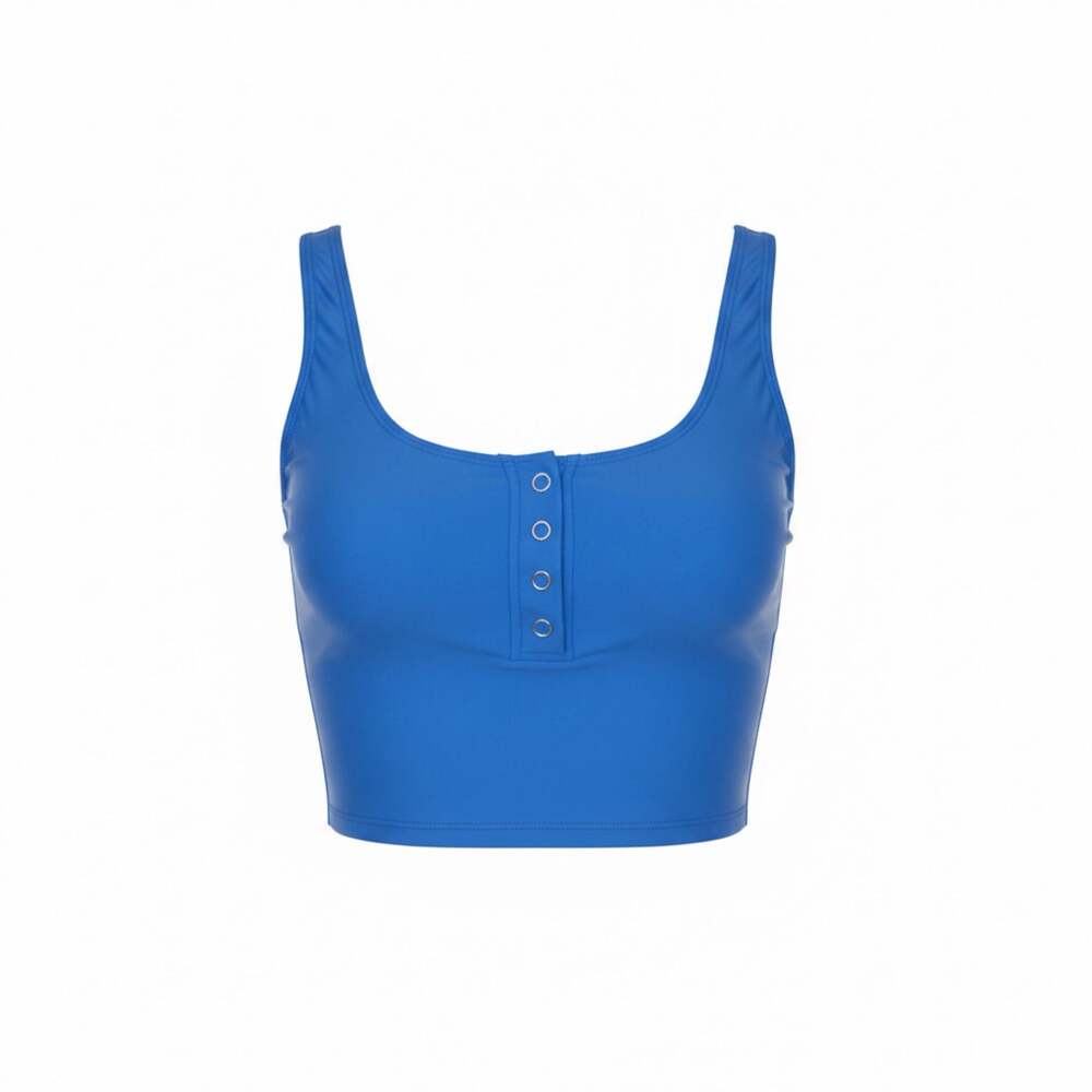 Blue Snap-Front Athletic Tankini Crop Swim Top